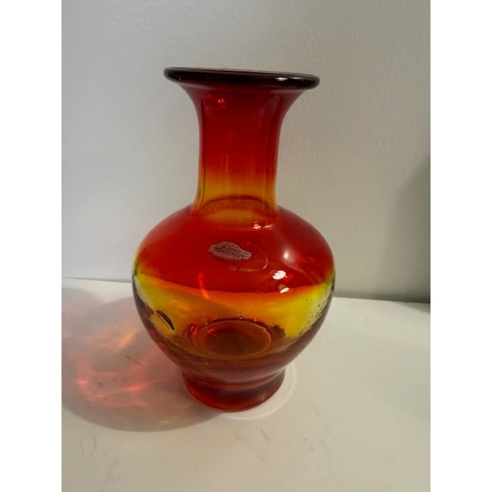 BLENKO Tangerine Amberina Blown Glass Vase Vintage Art Glass Sticker Signed
